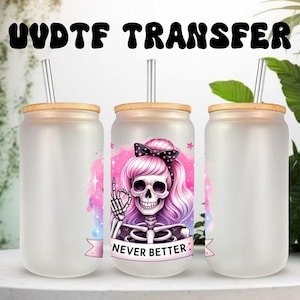 Décalcomanie UVDTF, squelette d'automne, café glacé, canette de 16 oz, gobelet ou tasse en verre de 40 oz, prêt à poser, adhésif imperméable permanent