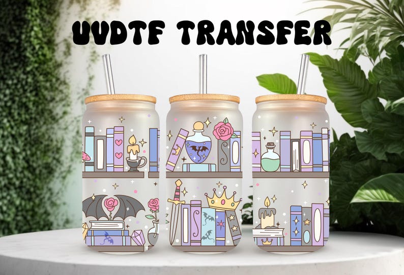 May include: Three glass drinkware with bamboo lids and straws. Each glass features a unique design of bookshelves, candles, potions, and other fantasy-themed illustrations. The text "UVDTF TRANSFER" is at the top.