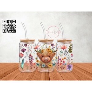 UVDTF Wrap Highland Cow Flowers 16oz Can Glass Mug Tumbler, Ready to ...