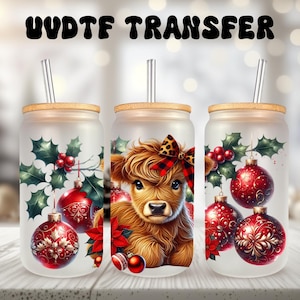 Emballage UVDTF, ornements de vache des Highlands, boîte de 16 oz poinsettia, gobelet en verre, prêt à poser, adhésif permanent, impression recto-verso