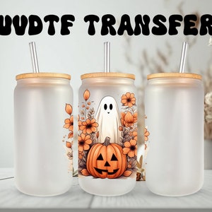 Décalcomanie UVDTF citrouille florale fantôme 16 oz canette ou mug en verre de 40 oz, décalcomanie d'automne, prête à poser, adhésif imperméable permanent, ajouter sur une tasse