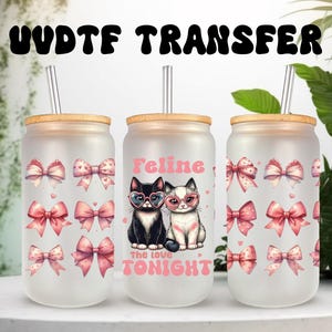 Emballage UVDTF Chat de la Saint-Valentin, félin l'amour de ce soir, boîte de 16 oz, gobelet en verre, film de la Saint-Valentin, prêt à poser, adhésif imperméable permanent