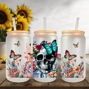UVDTF Wrap Skull Floral Butterfly 16 oz Canette Mug en verre, Emballage fantôme, Prêt à poser, Adhésif permanent, Option recto-verso