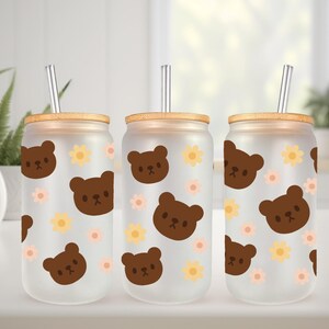 UVDTF Wrap Teddy Bear brun foncé, boîte de 16 oz, gobelet en verre, emballage ours, prêt à appliquer, adhésif imperméable permanent