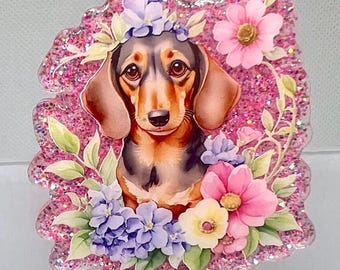 Floral Dachshund Badge Reel Glitter Pink Weiner Dog Retractable ID Holder Pet Lover Gift
