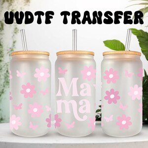 UVDTF Wrap Mama Floral Butterfly - Vaso de vidrio en lata de 16 oz, envoltura rosa para mamá, listo para aplicar, adhesivo permanente a prueba de agua, regalo para mamá