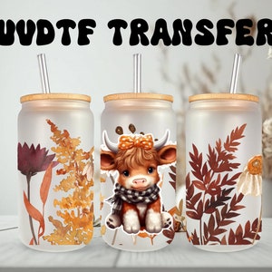 Emballage UVDTF, jolie vache d'automne florale, boîte de 16 oz, verre, tasse, gobelet, option d'impression recto-verso, prêt à poser, adhésif permanent