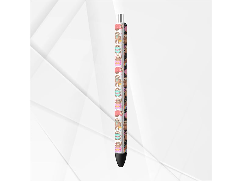 May include: A black pen with a repeating pattern of cartoon sloths wearing hats and holding various items. The sloths are in different colors, including pink, blue, and brown. The pen has a silver tip and a black tip.