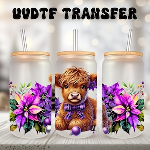UVDTF Wrap Highland Kuh Weihnachtssterne Ornamente lila 16 Unzen Dose Glasbecher Becher, auftragsfertig, permanent haftend, doppelseitiger Druck