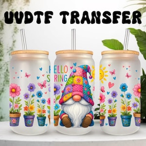 Emballage UVDTF Gnome Hello Spring, boîte de 16 oz, gobelet en verre, emballage gnome, prêt à poser, adhésif imperméable permanent
