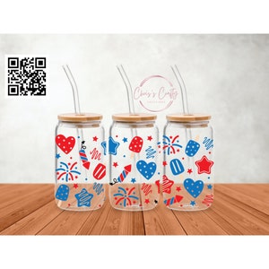 Emballage UVDTF Feux d'artifice du 4 juillet, boîte de 16 oz, gobelet en verre, jour de l'indépendance, prêt à poser, adhésif imperméable permanent