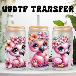 Emballage UVDTF à fleurs flamant rose mignon pour boîte de 16 oz, gobelet en verre, prêt à poser, adhésif imperméable permanent, option double face