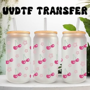 Emballage UVDTF, cerises florales 16 oz, gobelet en verre, emballage de fleurs de fruits, prêt à poser, adhésif imperméable permanent, option double face