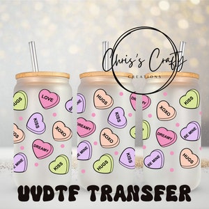 Emballage UVDTF Cœurs de conversation pour la Saint-Valentin pour boîte de 16 oz, tasse en verre, emballage coeur, prêt à poser, adhésif imperméable permanent