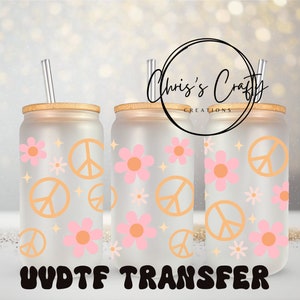 UVDTF Wrap Groovy Retro Flower Peace Sign 16 oz, boîte en verre, prêt à poser, adhésif imperméable permanent, ajout sur le verre de la boîte