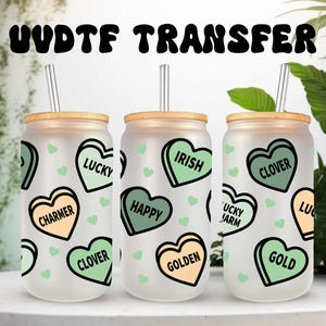 Emballage UVDTF Cœurs de conversation St.Patrick, boîte de 16 oz, gobelet en verre, emballage coeur, prêt à poser, adhésif imperméable permanent