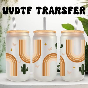 UVDTF Wrap Boho Cactus 16oz Lata de vidro, caneca, copo, Cactus Wrap, pronto para aplicar, adesivo permanente à prova d'água, adicione em um copo