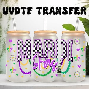 UVDTF Wrap damier Perles de Mardi Gras, boîte de 16 oz, gobelet en verre, emballage de Mardi Gras, prêt à appliquer, adhésif imperméable permanent