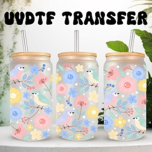 Emballage UVDTF pastel oiseau floral 16 oz, boîte en verre, tasse en verre, impression d'oiseau, prêt à poser, adhésif imperméable permanent