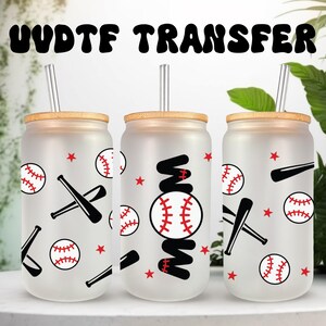 Emballage UVDTF Baseball Mom pour boîte de 16 oz, gobelet en verre. Adhésif imperméable permanent, prêt à poser