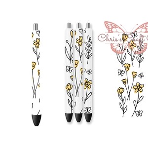 UVDTF Wrap Butterfly Wildflower Amarelo para caneta, canetas de glitter de metal, envoltório de borboleta, Ink Joy, adesivo permanente à prova d'água