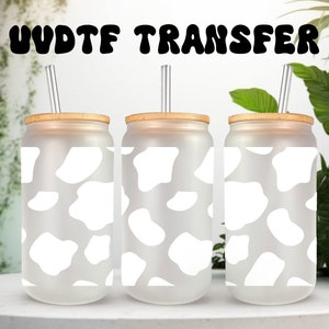 UVDTF ラップ 牛柄 16オンス 缶 ガラス マグ タンブラー、ホワイト 牛柄 ラップ、すぐに貼れる、永久防水接着剤