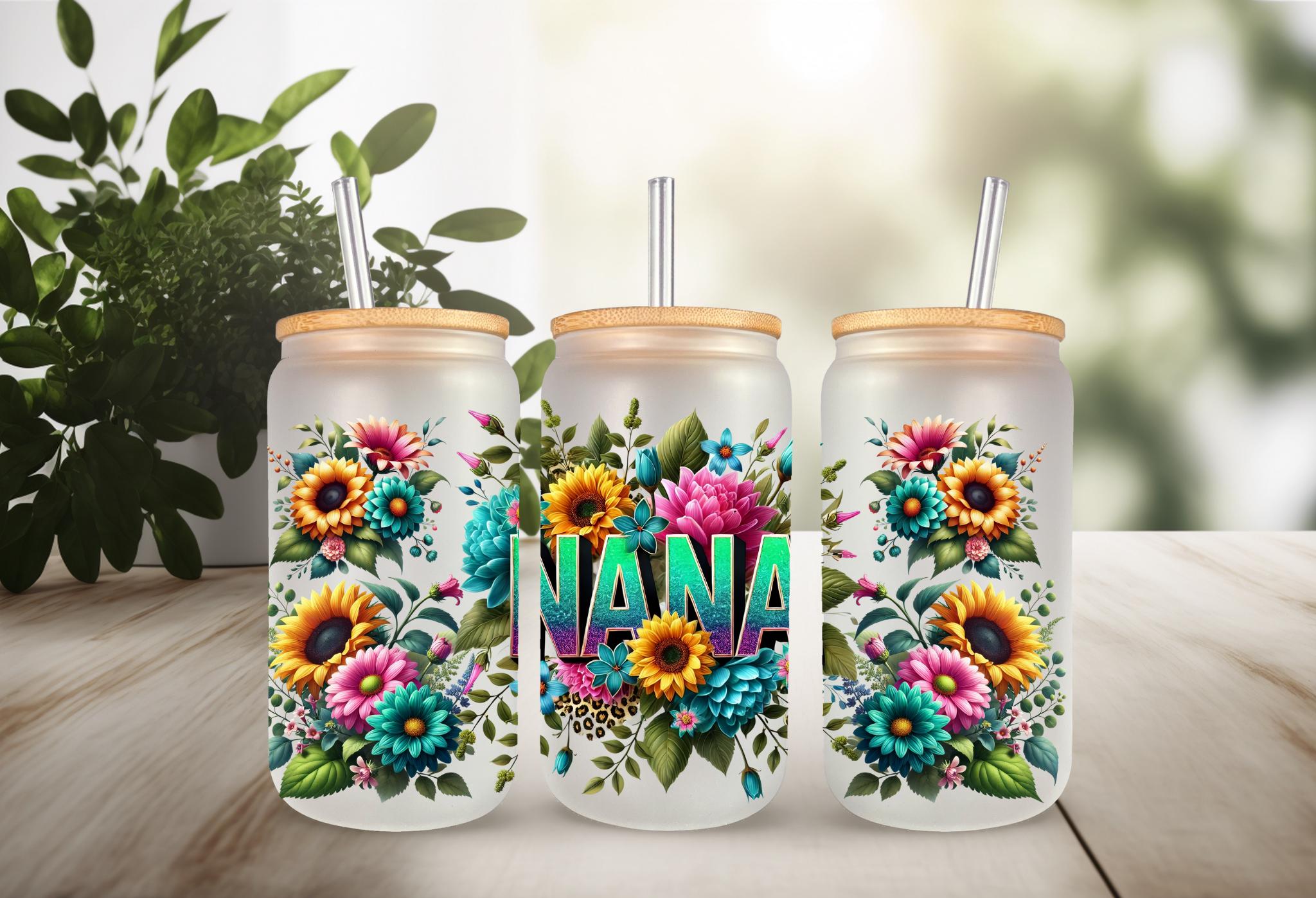 UVDTF Wrap Floral Nana for 16oz Can Glass Mug Tumbler, Grandmother Wrap ...