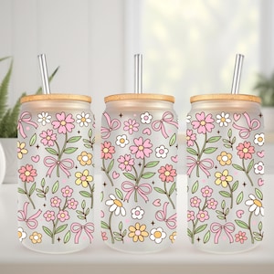 UVDTF Wrap Frühling Daisy Bow 16 Unzen Dose Glasbecher Tumbler, Frühlingsblumenverpackung, gebrauchsfertig, permanenter wasserdichter Klebstoff