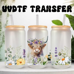 UVDTF Highland Cow Wild Flowers Daisies 16oz Can Glass Mug Tumbler, Cow Floral Wrap, Pronto para aplicar, Adesivo permanente à prova d'água