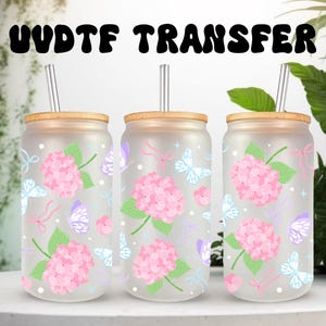 Emballage UVDTF papillons roses hortensia pour boîte de 16 oz, gobelet en verre, prêt à poser, adhésif imperméable permanent, option double face