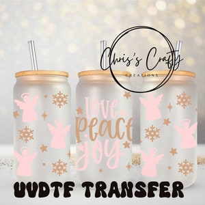 Adhesivo UVDTF Wrap Pink Pastel Peace Love Joy Angels para taza de vidrio de 16 oz, listo para aplicar, adhesivo permanente impermeable