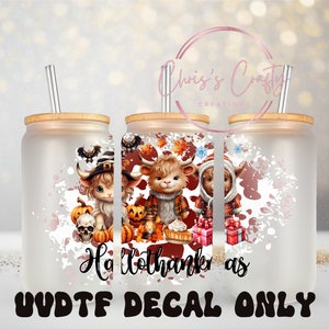 UVDTF Wrap Hallothankmas Highland Kühe 16 Unzen Dose Glasbecher Tumbler, bereit zu gelten, permanenter wasserdichter Klebstoff