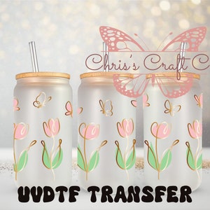 UVDTF wrap tulp vlinders 16 oz blik glazen mok beker, lente wrap, klaar om aan te brengen, permanente lijm waterdicht