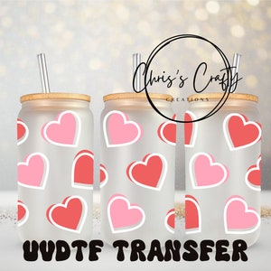 UVDTF Wrap Saint-Valentin coeurs roses rouges pour boîte de 16 oz, gobelet en verre, prêt à poser, adhésif imperméable permanent