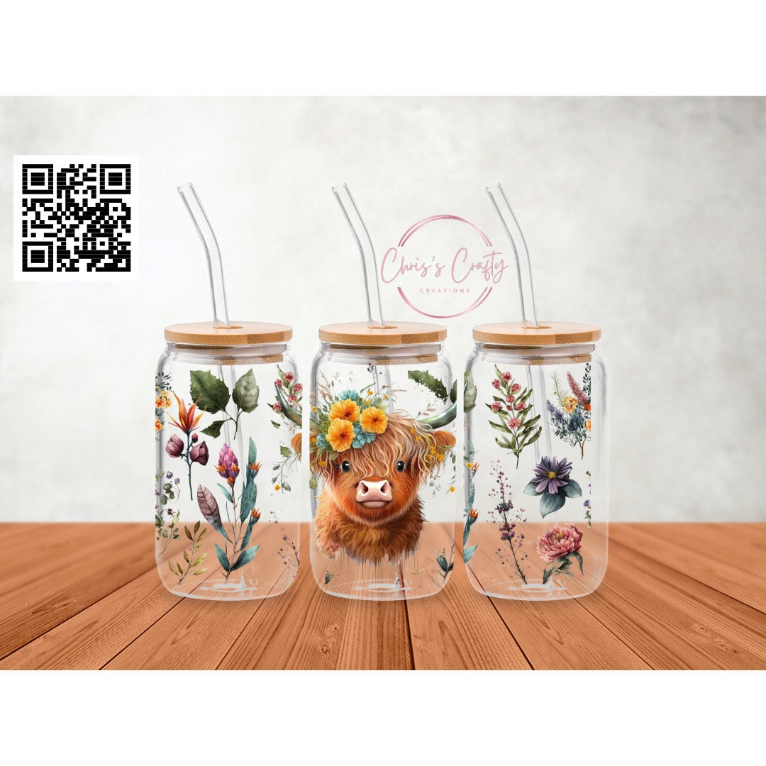 UVDTF Wrap Highland Cow Flowers 16oz Can Glass Mug Tumbler, Ready to ...