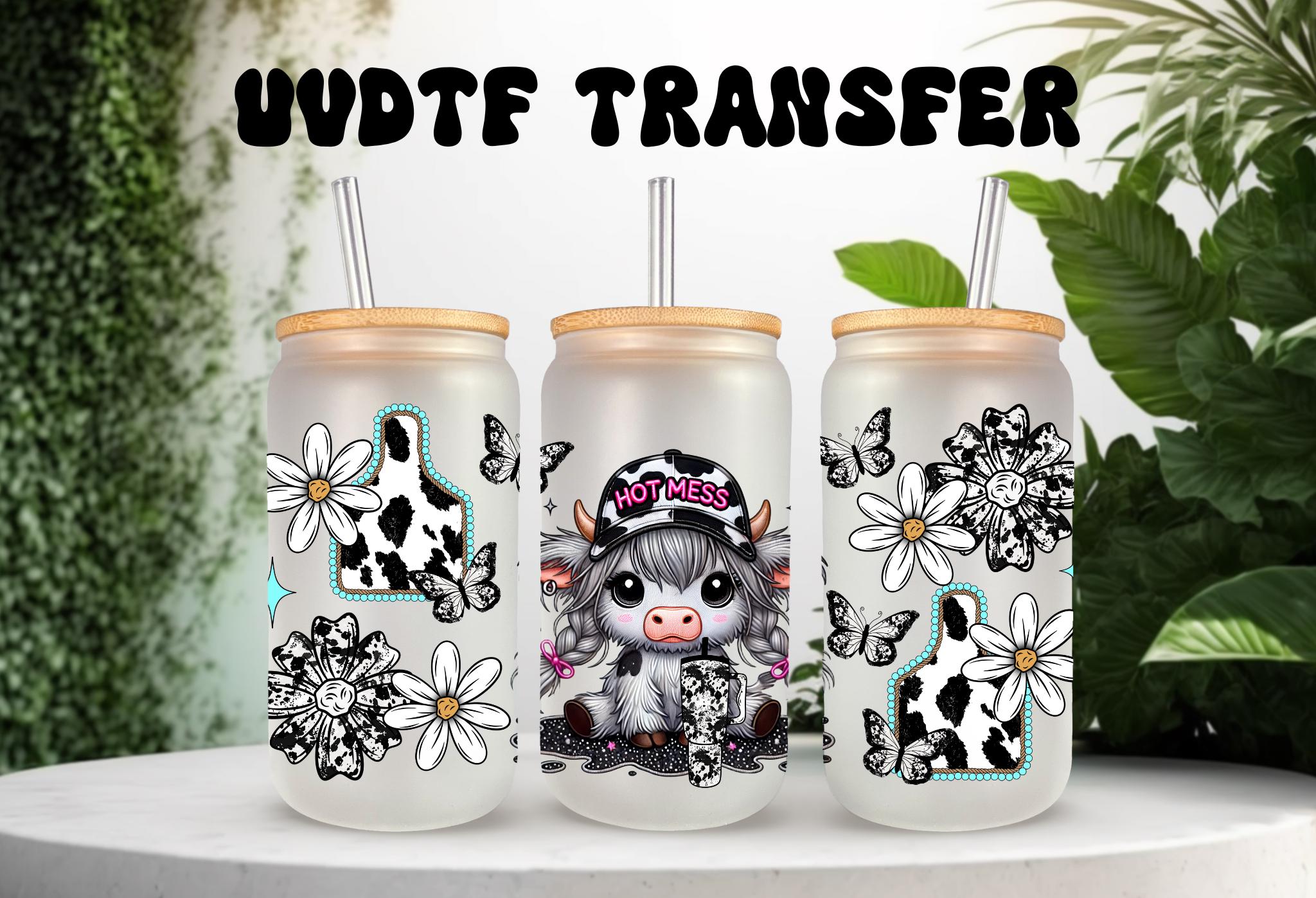 UVDTF Wrap Highland Cow Hot Mess 16oz Can Glass Mug Tumbler Wrap, Ready ...