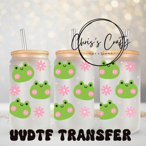 UVDTF Wrap for Cute Frogs Pink Flowers 16 oz Can Glass, Frog Wrap, Ready to apply, Permanent Waterproof Adhesive