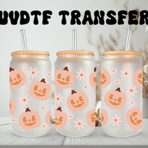 Emballage UVDTF citrouille Jack O Lantern florale 16 oz, boîte en verre, tasse, gobelet, emballage citrouille d'Halloween, prêt à poser, adhésif permanent