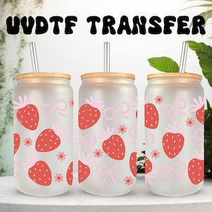 Laços de morango UVDTF Wrap para caneca de vidro de 16 oz, copo, caneca, pronto para aplicar, adesivo permanente à prova d&#39;água, aplicar no copo