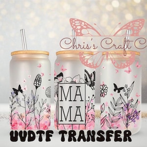 Emballage UVDTF Floral Mama pour boîte de 16 oz, gobelet en verre, emballage pour maman, prêt à poser, adhésif imperméable permanent