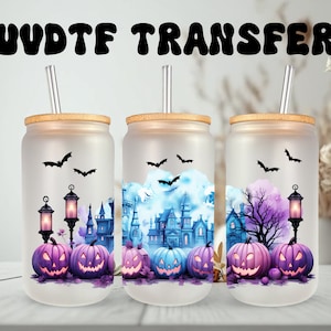 Emballage UVDTF Spooky Bats Pumpkins Haunted House Boîte de 16 oz, Verre, prêt à poser, Adhésif permanent imperméable, Impression recto-verso