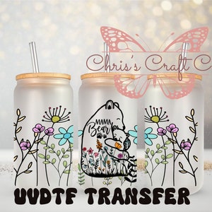 Emballage UVDTF Floral Mama Bear pour boîte de 16 oz, gobelet en verre, emballage pour maman, prêt à poser, adhésif imperméable permanent