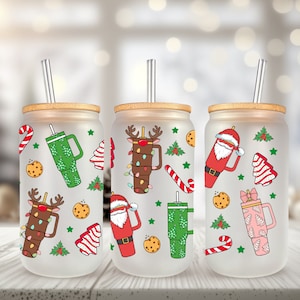 UVDTF Wrap Weihnachtsbecher Santa Reindeer Tree Cakes für 16 Unzen Dosenglasbecherbecher, gebrauchsfertig, permanent haftend