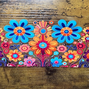 Adhesivo UVDTF para taza de vidrio, lata de 16 oz, flores retro coloridas, listo para aplicar, adhesivo permanente e impermeable.