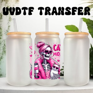 Décalcomanie UVDTF, maman chat, squelette rétro, j'ai un pincement dans la gorge, boîte de 16 oz, tasse en verre de 40 oz, prête à poser, adhésif permanent