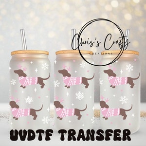 UVDTF Wrap Rentier Dackel Weiner Hund für 16 Unzen Glasdose, Becher, Becher, Weihnachtsverpackung, auftragsfertig, permanentklebend, wasserdicht