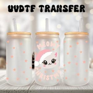 UVDTF Wrap Meowy Christmas&#39;s Cat 16oz Can Glass, Mug, Tumbler, Cat Wrap, Ready to Apply, Waterproof Permanent Adhesive