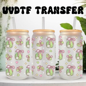 Emballage UVDTF Bocal à cornichons, Noeuds de boîte de 16 oz, Emballage pour gobelet, Emballage pour cornichons, Prêt à poser, Adhésif permanent, Option recto-verso