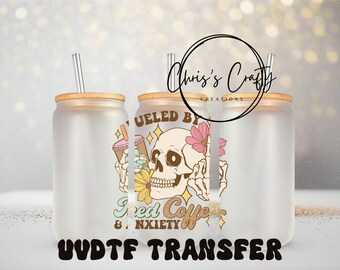 Retro Skeleton Coffee Anxiety UVDTF Decal: 16-20oz Glass Tumbler