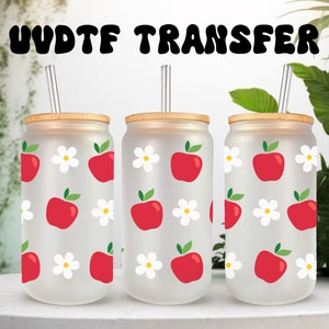 UVDTF Wrap Apple Daisy 16 oz Canette, gobelet en verre, Apple Wrap, Prêt à poser, Adhésif permanent imperméable, Option recto-verso